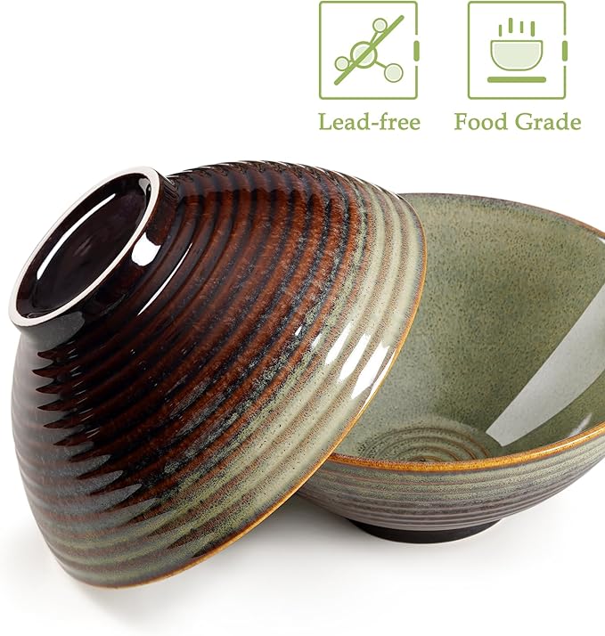 NUTRIUPS 8 Inch Ceramic Ramen Bowl Set of 2 Pho Bowls 40oz Japanese Noodle Udon Soup Bowls with Spoons and Chopsticks (Misty Blue)