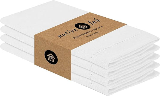 Native Fab Set of 4 Cotton Cloth Napkins, 18x18 inch, Hemstitch Mitered Corners, Soft, Absorbent, Durable Fabric, Premium Linen Napkins for Wedding, Lunch, Dinner, and Everyday Use - White