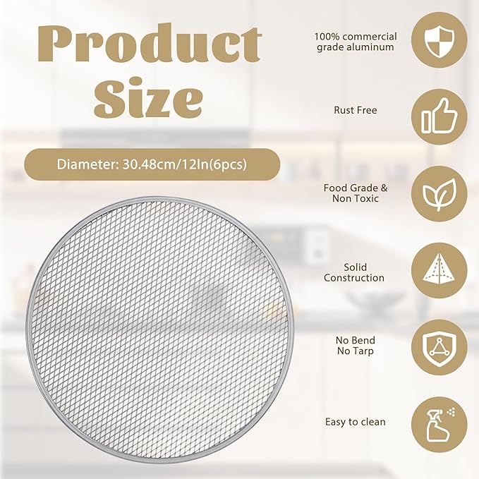 6 Pcs Aluminum Alloy Pizza Screen, 12 Inch Pizza Tray Pizza Pan for Oven Round Pizza Crisper Pan Pizza Baking Screen for Home Kitchen, BBQ, Seamless