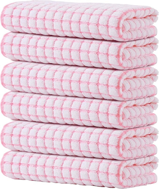 Kitinjoy Cotton 6 Pack Terry Kitchen Towels, 16 x 25 Inches Super Soft and Absorbent Dish Towels, Quick Drying Hand Towels for Kitchen Drying, Pink