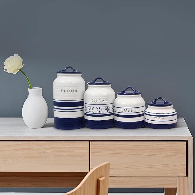 Young's 4 Piece Ceramic Canisters Sets for Kitchen, Country Style Ceramic Containers for Flour, Sugar, Tea and Coffee, Storage Containers with Lids 10.75"