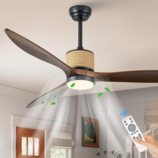 60in Dimmable Black Ceiling Fan Lights with Remote Control 3 Blade Hemp Rope Farmhouse Ceilings Fan with Light Walnut Wood LED Ceiling Fan Outdoor for Patio Kitchen Bedroom Living Room
