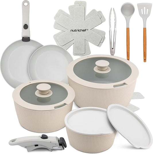 NutriChef 18-Piece Ceramic Cookware Set with Detachable Handles, Non Stick Pots and Pans, PTFE-Free Natural Ceramic Coating, Space-Saving Design, Oven & Stove Safe, Includes Utensils, Cream