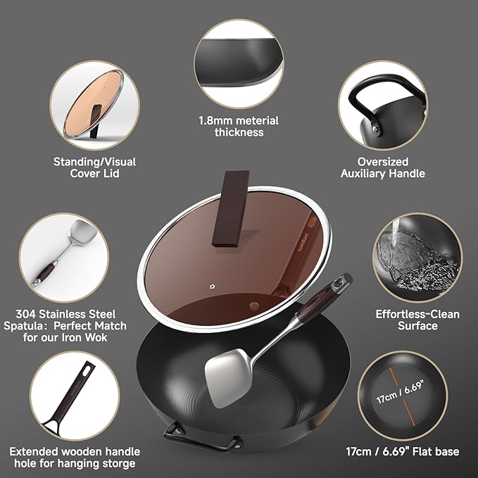 13.5" Carbon Steel Wok Pan - Pre-Seasoned Flat Bottom Woks & Stir-fry Pans Chinese Cookware with Lid & Spatula - For Pan-fry,Stir Fry, Steam, BBQ & Camping - Compatible with Induction, Gas
