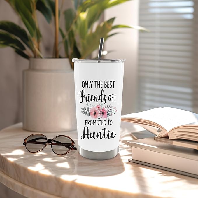 QASHWEY Auntie Gifts Coffee Tumbler 20 oz, Best Aunt Travel Tumbler Coffee Mug Gifts for Friends, Aunt Auntie Gifts from Niece Nephew, Promoted to Auntie Stainless Steel Tumbler with Straw and Lid