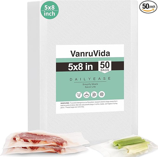 VanruVida Small Pint Size Vacuum Sealer Bags, 50 Count 5” x 8”,BPA Free,Commercial Grade Textured PreCut Bag with Double Tear Notches, Perfect for Food Storage, Freezer, Meal Prep, or Sous Vide