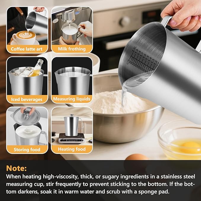 Stainless Steel Measuring Cup with Lid 2L 70 OZ, Large Mouth Graduated Beakers Metal Pitcher with Marking and Handle