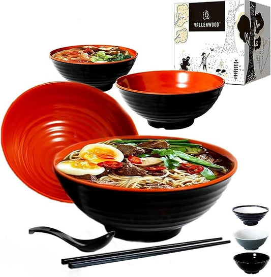 4 Ramen Bowls, 12 pieces Pho set. Red Black Ramen Bowl Set. Unbreakable Melamine. Asian Japanese soup. Spoons And Chopsticks kit. . XL 37 oz. Noodles, Rice, Udon, Thai, Chinese, Korean, Wonton, Miso