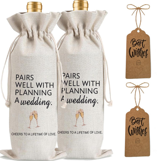 Julont 2Pcs Wedding Engagement Gifts for Couple, Mr & Mrs Gift, Newlywed Wine Bag Weeding Gift Wine Bag with 2Pcs Kraft Blessing Cards and natural jute rope