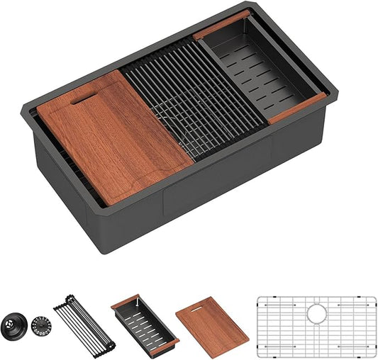 Lordear 33 Undermount Kitchen Sink Matte Black 33X19 Inch Sinks Ledge Workstation16 Gauge Stainless Steel Single Bowl Under Counter Kitchen Sink Basin with Built- in Accessories