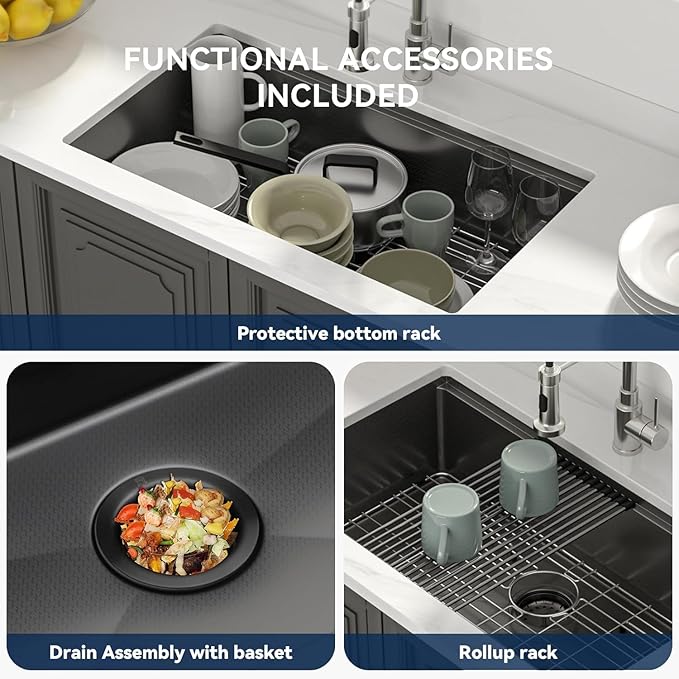 Lordear 36 Inch Black Undermount Kitchen Sink Workstation 16 Gauge Stainless Steel Single Bowl with Built-in Accessories, 36x19x9 Inch Gunmetal Black Nano-pvd