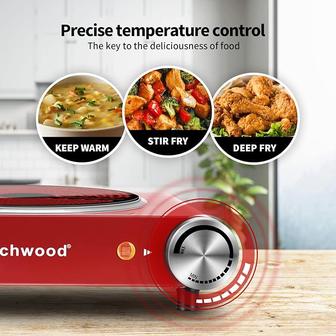 Hot Plate, Techwood Single Burner for Cooking, 1200W Portable Infrared Ceramic Electric Stove with Adjustable Temperature, 7.1” Cooktop for Home/RV/Camp, Compatible for All Cookwares, Red