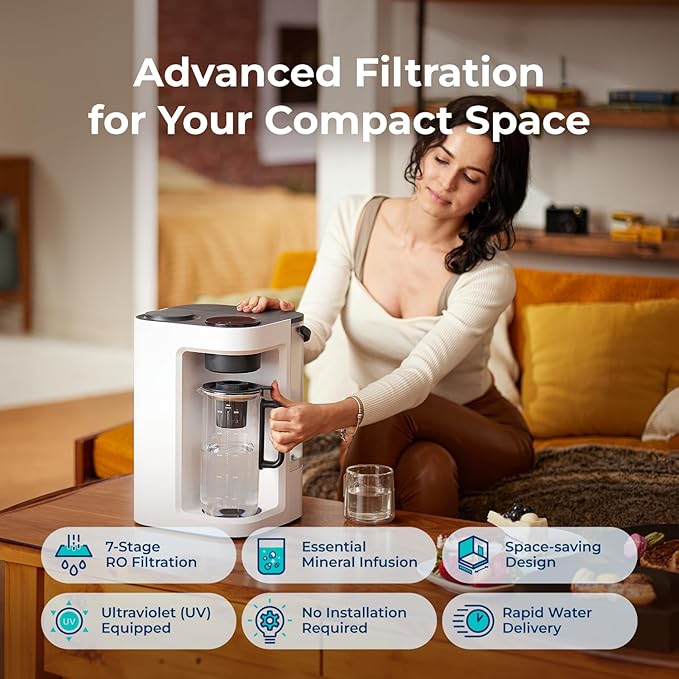 Bluevua RO100ROPOT-Lite(UV) Reverse Osmosis System Countertop Water Filter, 7-Stage Purification with UV and Remineralization, TDS & Filter Life Monitoring, Portable Water Purifier, White