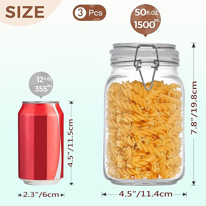 Airtight Glass Canister with Lids 50oz Food Storage Jar Square - Storage Container with Clear Preserving Seal Wire Clip Fastening for Kitchen Canning Flour, Cereal, Sugar, Beans