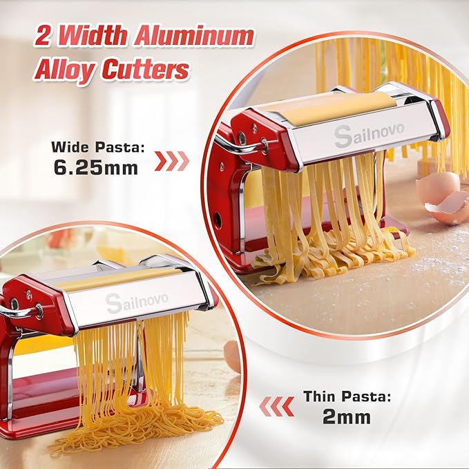 Sailnovo Pasta Maker Machine, 180 Roller Pasta Maker, 9 Adjustable Thickness Settings 2-in-1 Noodles Maker with Rollers and Cutter, Perfect for Spaghetti, Fettuccini, Lasagna or Dumpling Skin Red