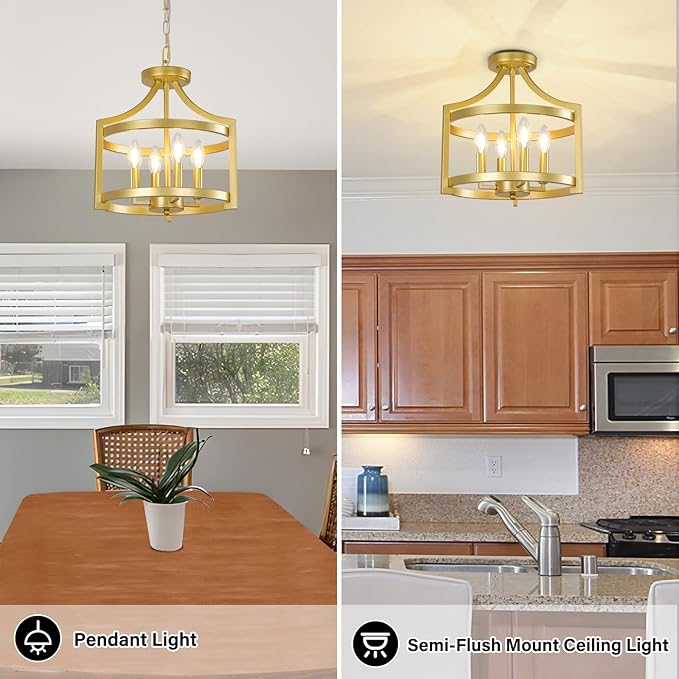 4-Light Chandelier, Gold Semi Flush Mount Ceiling Light Fixture Convertible Hanging Kitchen Pendant Lighting Over Island, Farmhouse Small Lantern Chandeliers for Dining Room Foyer Entryway