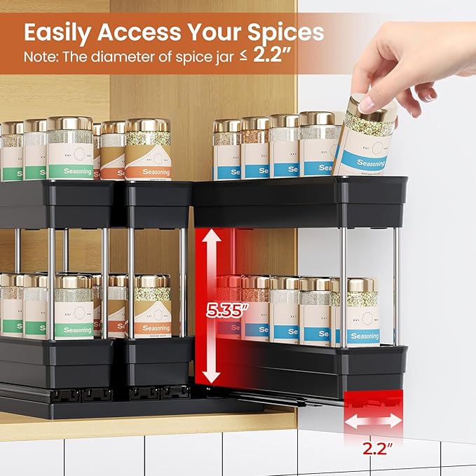 Pull Out Spice Rack Organizer for Cabinet, Slide Out Spice Racks Organizer, Easy to Install Spice Cabinet Organizers, 2.3''Wx10.35''Dx8.26''H, 3 Pack-2 Tier(Black)