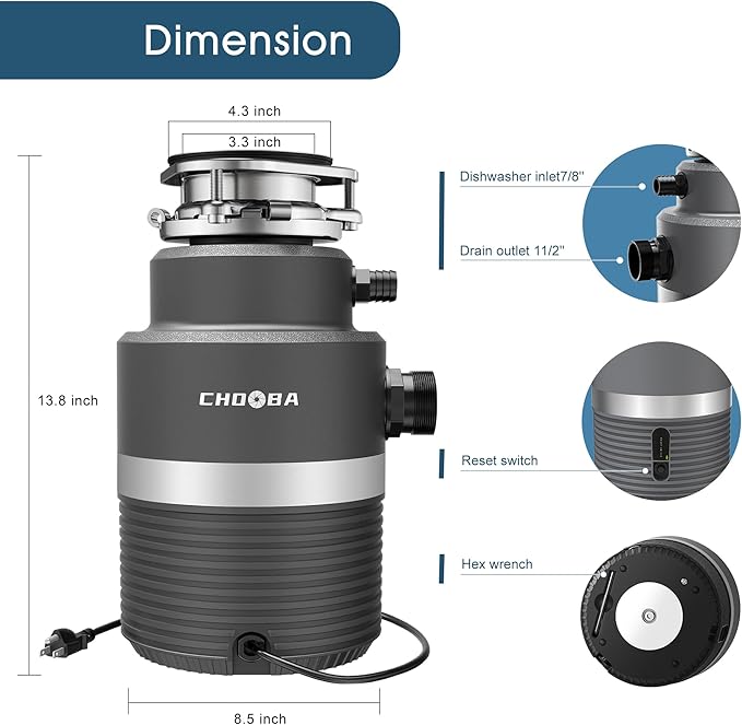 Garbage Disposal 1HP, Food Waste Disposal Continuous Feed, Garbage Disposal with Power Cord, Light Gray