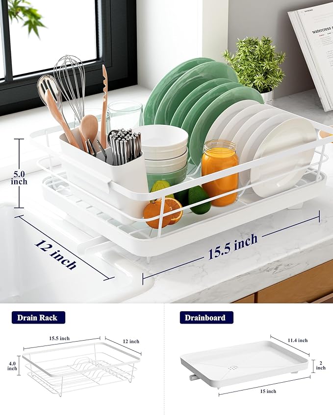 Kitsure Dish Drying Rack for Kitchen Counter, Stainless Steel Sink Organization and Storage Essentials with Cutlery Holder, Home and Appartment Decor, 12''W x 15.5''L, White