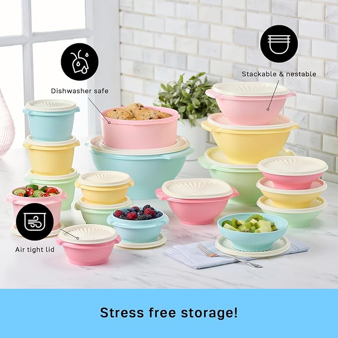 Tupperware Heritage Collection, 36 Piece Food Storage Container Set in Vintage Colors, Dishwasher Safe and BPA Free (18 containers, 18 lids)