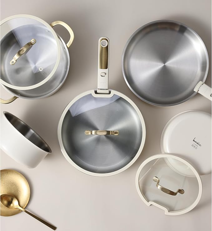 CAROTE 19pcs Tri-Ply Stainless Steel Cookware Set with Detachable Handle, Pots and Pans Set, Induction Kitchen Cooking Sets, RV/Camping Cookware, Outer Ceramic Layer, Oven Safe, Cream White