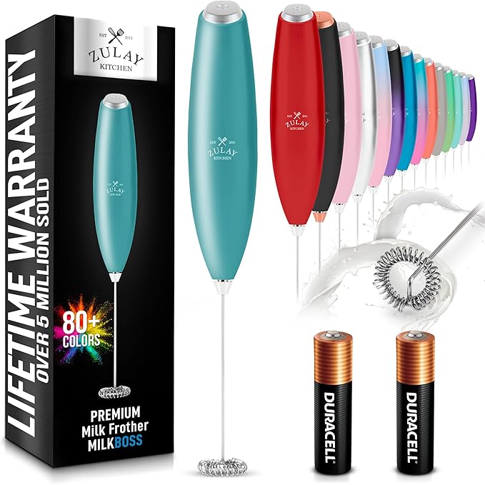 Zulay Kitchen Handheld Milk Frother with Duracell AA Batteries – Ultra Fast Electric Mixer & Foam Maker, Easy-Clean Drink Mixer for Coffee & More - Caribbean Aqua 2B