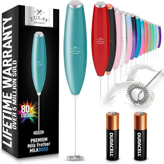Zulay Kitchen Handheld Milk Frother with Duracell AA Batteries – Ultra Fast Electric Mixer & Foam Maker, Easy-Clean Drink Mixer for Coffee & More - Caribbean Aqua 2B