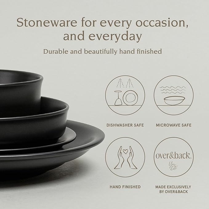 over&back Rim Dinnerware Set - Stoneware Dishes - Comes with 4 Dinner Plates, Salad Plates, Cereal Bowls, and Dinner Bowls - 16-Piece All-Occasion Place Settings - Serves Four - Semi-Matte Black