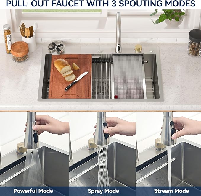 36 Drop In Kitchen Sink with Faucet - Lordear Waterfall Kitchen Sink Smart 36x22 Topmount Sink Stainless Steel 16 Gauge Single Bowl Workstation Sinks With Faucet Combo