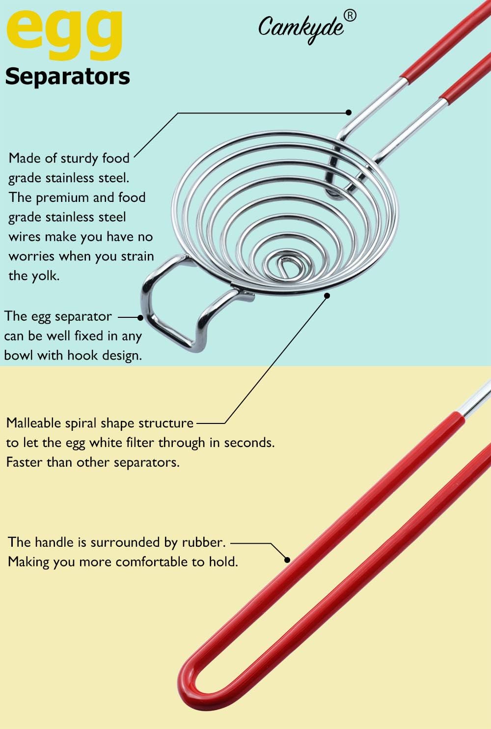 CAMKYDE Egg Separator Food Grade Stainless Steel Egg Yolk White Separation Tool, Set of 2 (Red)