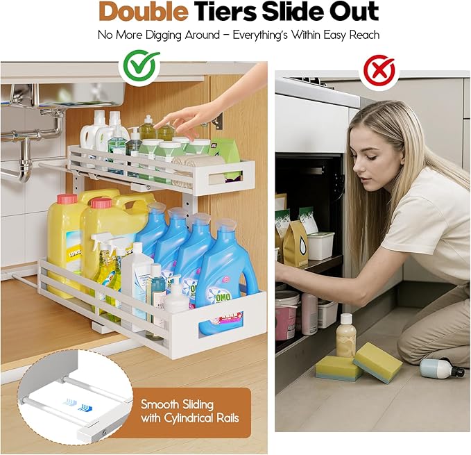 2-Pack 19"Deep Under Sink Organizer And Storage, 2-Tier L-Shaped Pull Out Cabinet Organizer with Upgraded Slide Rails, Height Adjustable Drawers for Kitchen&Bathroom, Extra-Large Storage Shelves–White