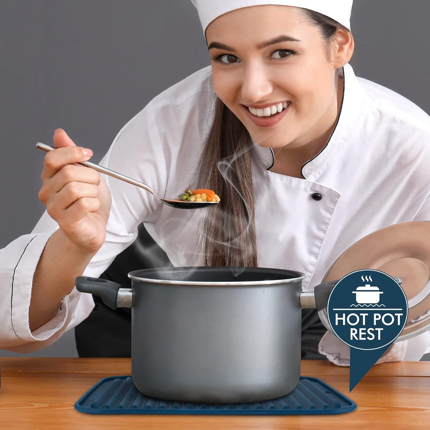 HOTEC BPA Free Silicone Trivets for Hot pots and Pans, 446℉ Heat Resistant for Kitchen Counter Dish Drying Mat, Set of 2 Classic Blue