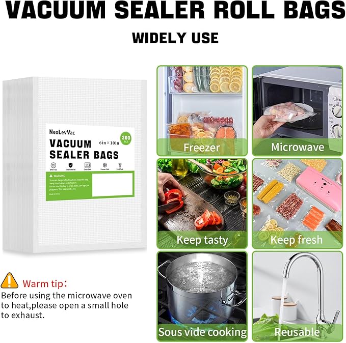 100 Quart Vacuum Sealer Bags - 8x12 Inch, Heavy Duty Commercial Grade for Food Saver, Seal a Meal, Sous Vide, Meal Prep, Freezer Storage