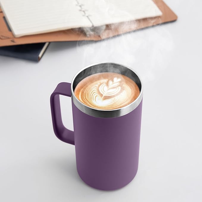 DOMICARE 24oz Mug with Handle and Lid, Stainless Steel Coffee Mug, Travel Mug with Handle, Double Wall Vacuum Coffee Tumbler, Reusable Insulated Cup, Dark Purple, Pack 8