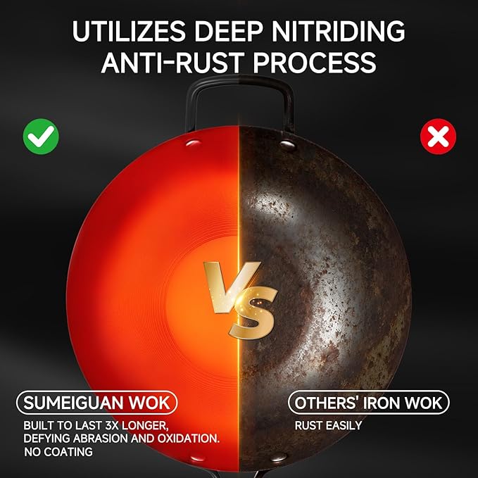 13.5" Carbon Steel Wok Pan - Pre-Seasoned Flat Bottom Woks & Stir-fry Pans Chinese Cookware with Lid & Spatula - For Pan-fry,Stir Fry, Steam, BBQ & Camping - Compatible with Induction, Gas