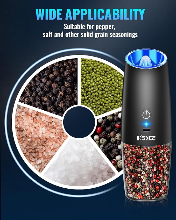 XinXu Rechargeable Pepper and Salt Grinder Set, No Battery Needed, whit Gravity Sensing Switch and LED Light, One Hand Automatic Operation -Black/2 Pack
