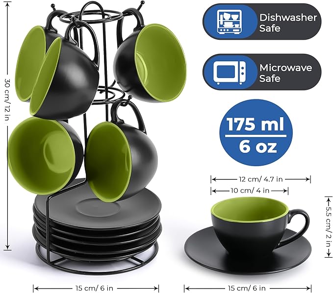 MIAMIO - Set of 6, Ceramic Stackable Cappuccino Cups Set / 6 Ounce Cappuccino Mugs and Saucer with Metal Stand for Coffee Drinks, Cafe, Latte, Americano and Tea - Le Papillon Collection (Green)