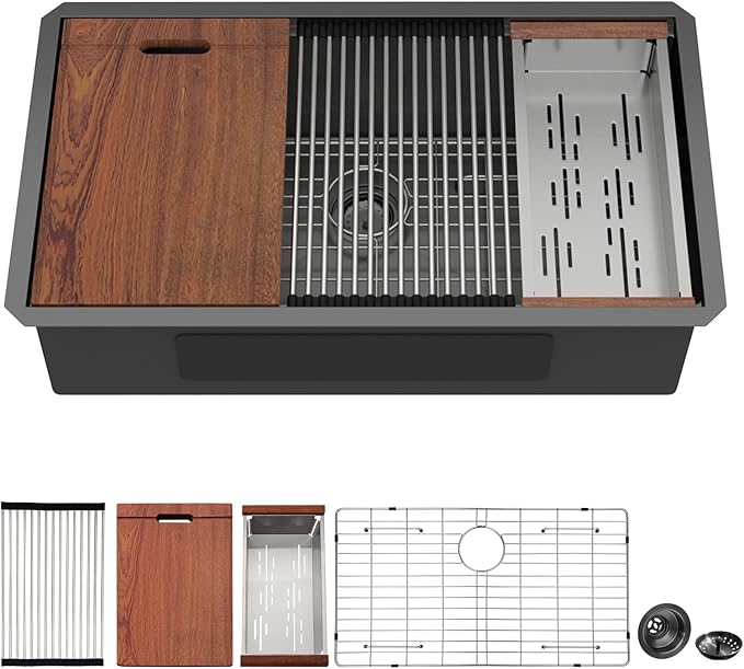 Mocoloo 32 Undermount Kitchen Sink - 32 x 19 Inch Black Kitchen Sink Workstation Gunmetal Black Stainless Steel 16 Gauge Deep Single Bowl 10'' Handmade Basin