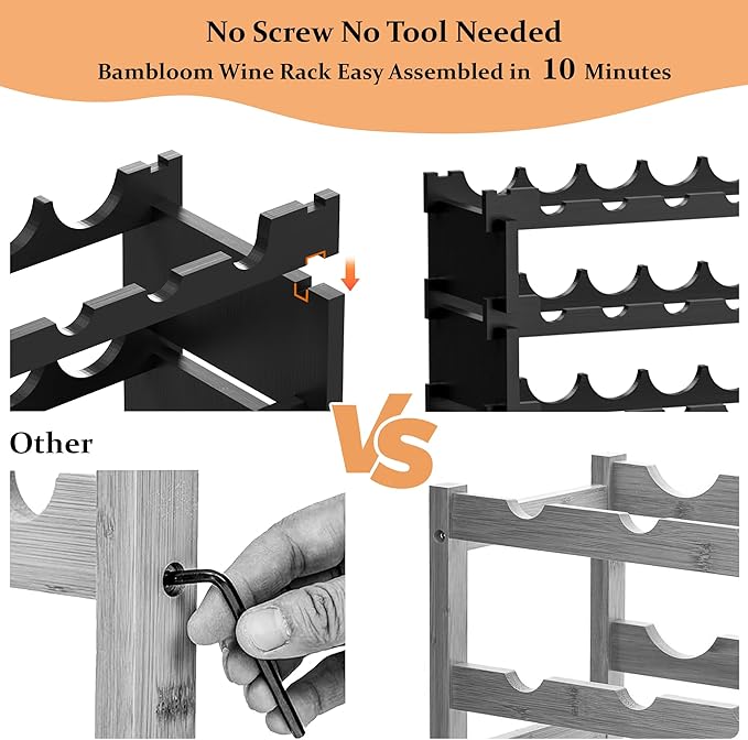 Bambloom Wine Rack Freestanding Floor, Wooden Stackable Bottle Storage Rack for Kitchen,Cellar. 36 Bottles Wine Holder Display Shelves for Champagne(Black)