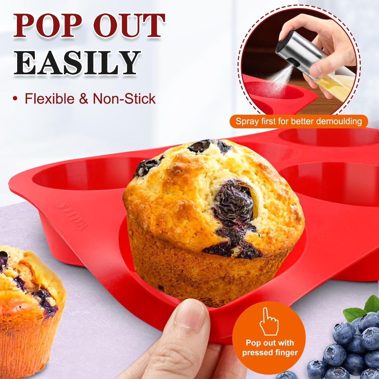 Walfos Silicone Texas Muffin Pan - 6 Cup Jumbo Silicone Cupcake Pan, Non-Stick, Just PoP Out! Perfect for Egg Muffin, Big Cupcake - BPA Free and Dishwasher Safe