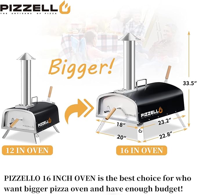 16" Outdoor Pizza Oven Propane & Wood Fired Multi-fuel Large Stainless Steel Pizza Grill with Gas Burner, Wood Tray Pizza Stone, Pizza Peel, Carry Bag (Black)