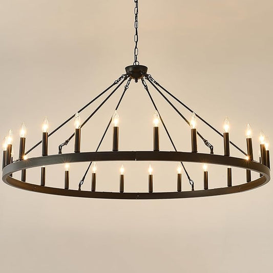 53 Inch Large Black Farmhouse Wagon Wheel Chandelier,24-Light Round Industrial Pendant Light fixtures for Outdoor Porch high Ceilings Living Dining Room Foyer Entryway