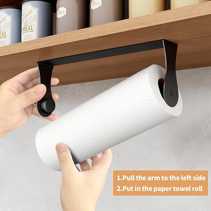 Paper Towel Holder Under Cabinet, Stainless Steel, Wall Mount, Black Adhesive Paper Roll Holder for Kitchen and Bathroom