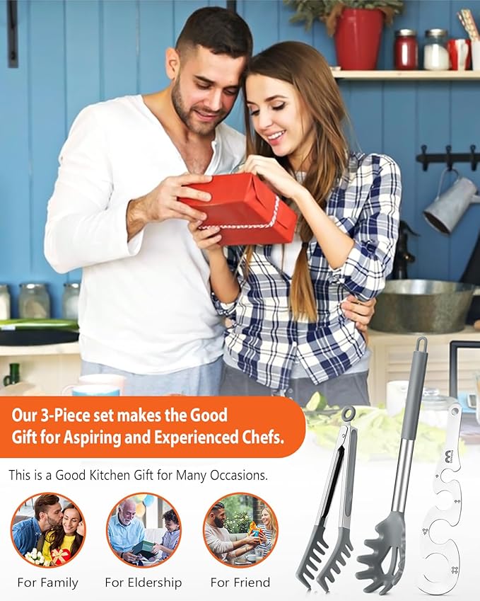 Silicone Spaghetti Spoon & Pasta Tong With Pasta Measurer, 3 Pack of Non-Stick Stainless Steel Handle Pasta Fork Set with Teeth, Food Clip for Easy Serving of Noodles (GREY)