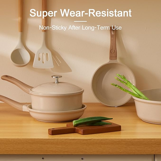 21Pcs Pots and Pans Set with Aluminum Lid, Nonstick Ti-Ceramic Cookware Sets, Induction Cookware Non Stick Cooking Set w/Frying Pans & Saucepans(PFOS, PFOA Free)-Taupe