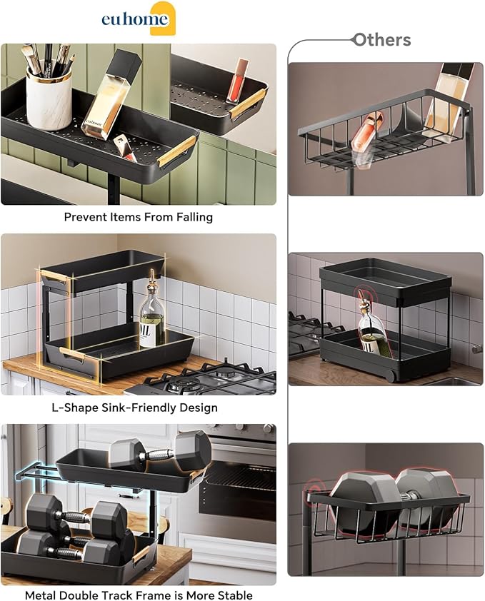 Under Sink Organizer, 2 Tier Adjustable Height Under Sink Organizers and Storage, L-Shaped Slide Out Pull Out Cabinet Organizers for Bathroom Kitchen Pantry (2 Pack, Black)