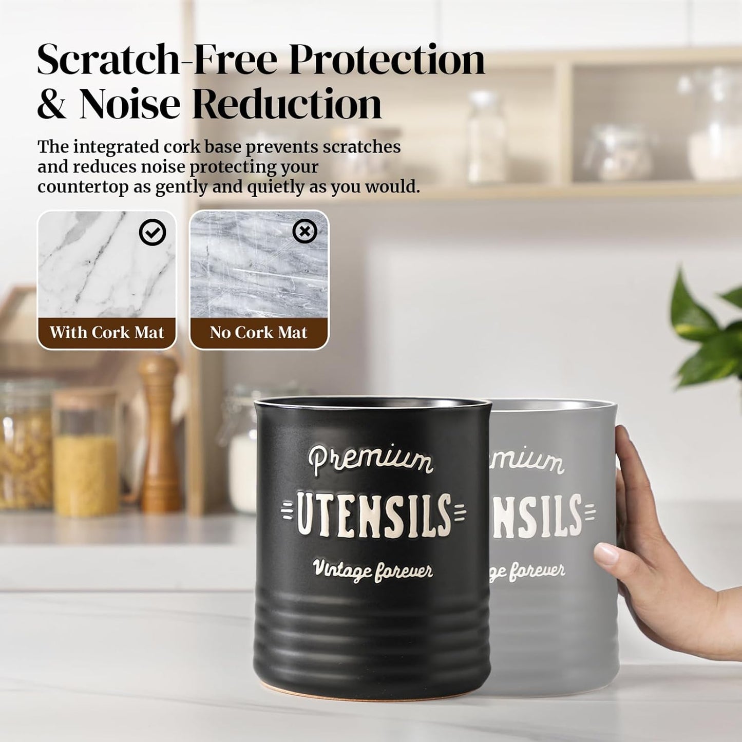 DOWAN 7.2″ Extra Large Utensil Holder, Farmhouse Utensil Holder for Kitchen Counter, Ceramic Utensil Crock with Protection Cork Mat, Utensil Storage for Kitchen Decor & Housewarming Gift, Matte Black