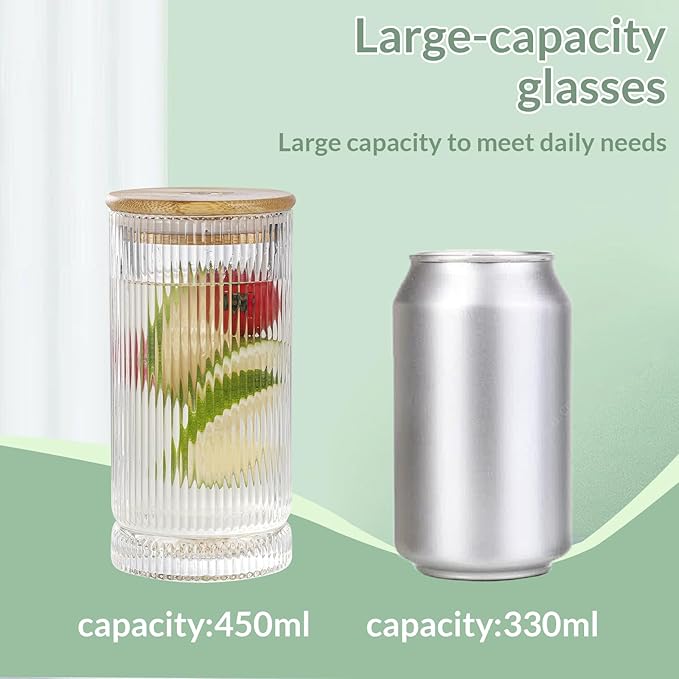 Vintage Ribbed Glassware Set, 16oz Drinking Glasses, Origami Style Set of 4, Fluted Design, Ideal for Water, Iced Coffee, Juice, Beer, Milk, Gift (16oz with lids and straws)