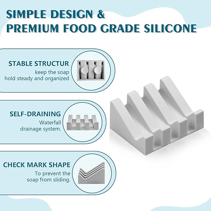 Self Draining Soap Dish,Silicone Suction Cup Soap Holder, Bathroom Soap Dish for Bar Soap,Can Extend Soap Life,Bathroom, Bath Tub, Kitchen Sink(1, Light Grey)