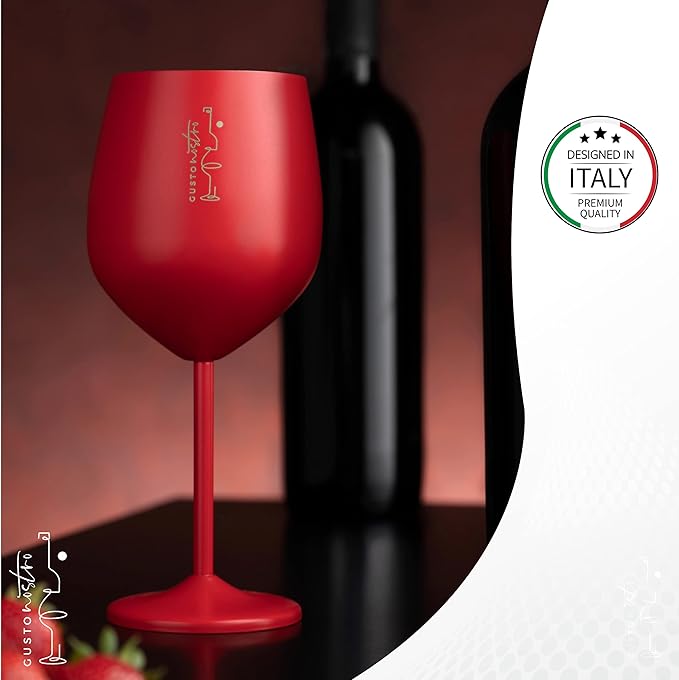 Gusto Nostro Stainless Steel Wine Glass - 18 oz - Cute, Red Unbreakable Wine Glasses for Travel, Camping and Pool - Fancy, Unique, Cool Portable Metal Wine Glass for Outdoor Events, Picnics (Set of 4)